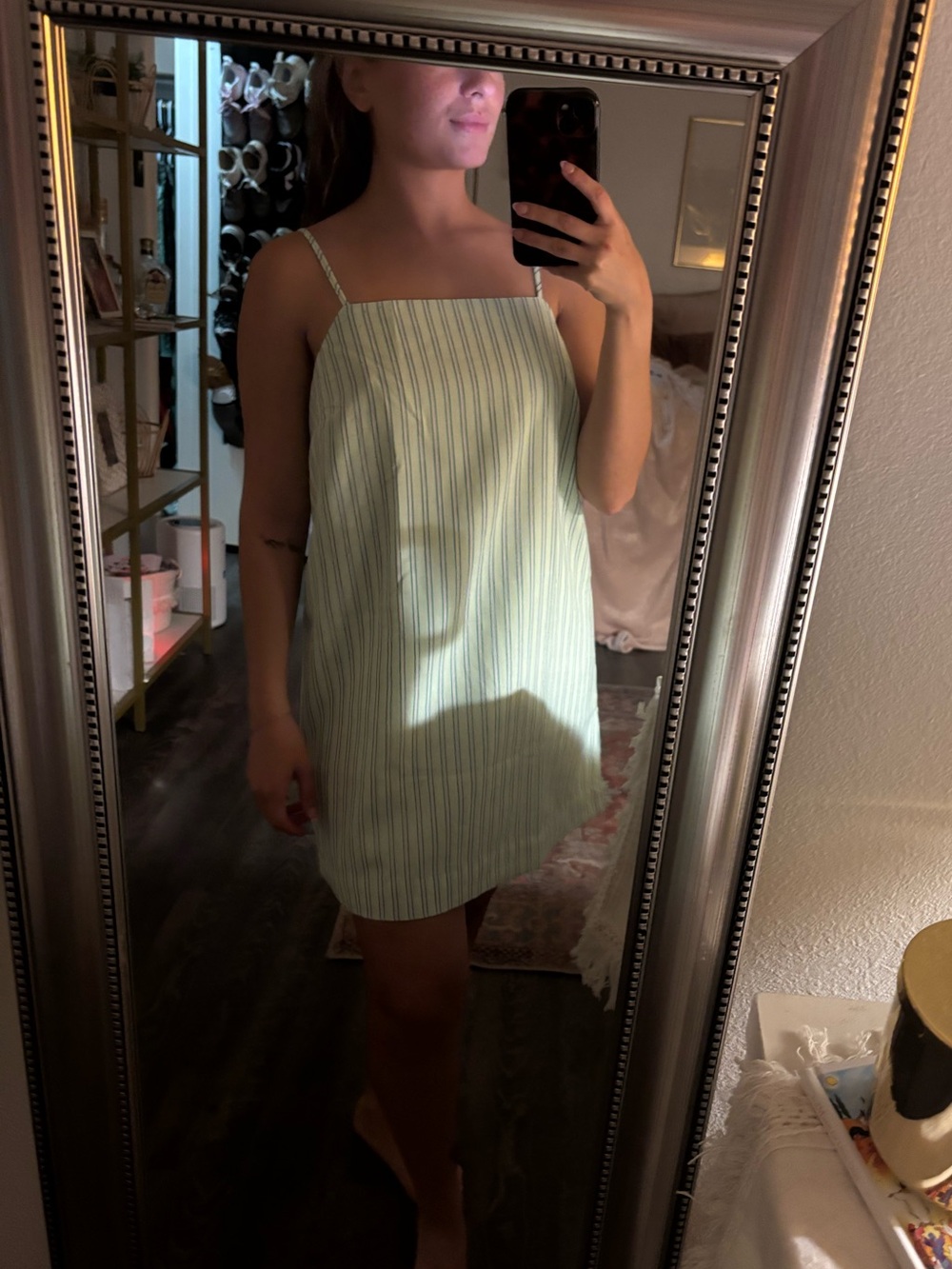 Old Navy Light Green Vertical Stripe Mini Slip Dress